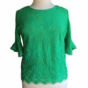 Nanette Lepore green lace short sleeve lined blouse